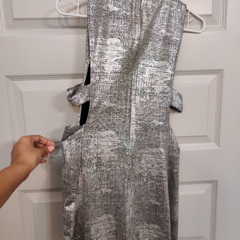 Libby story metallic silver cutout dress